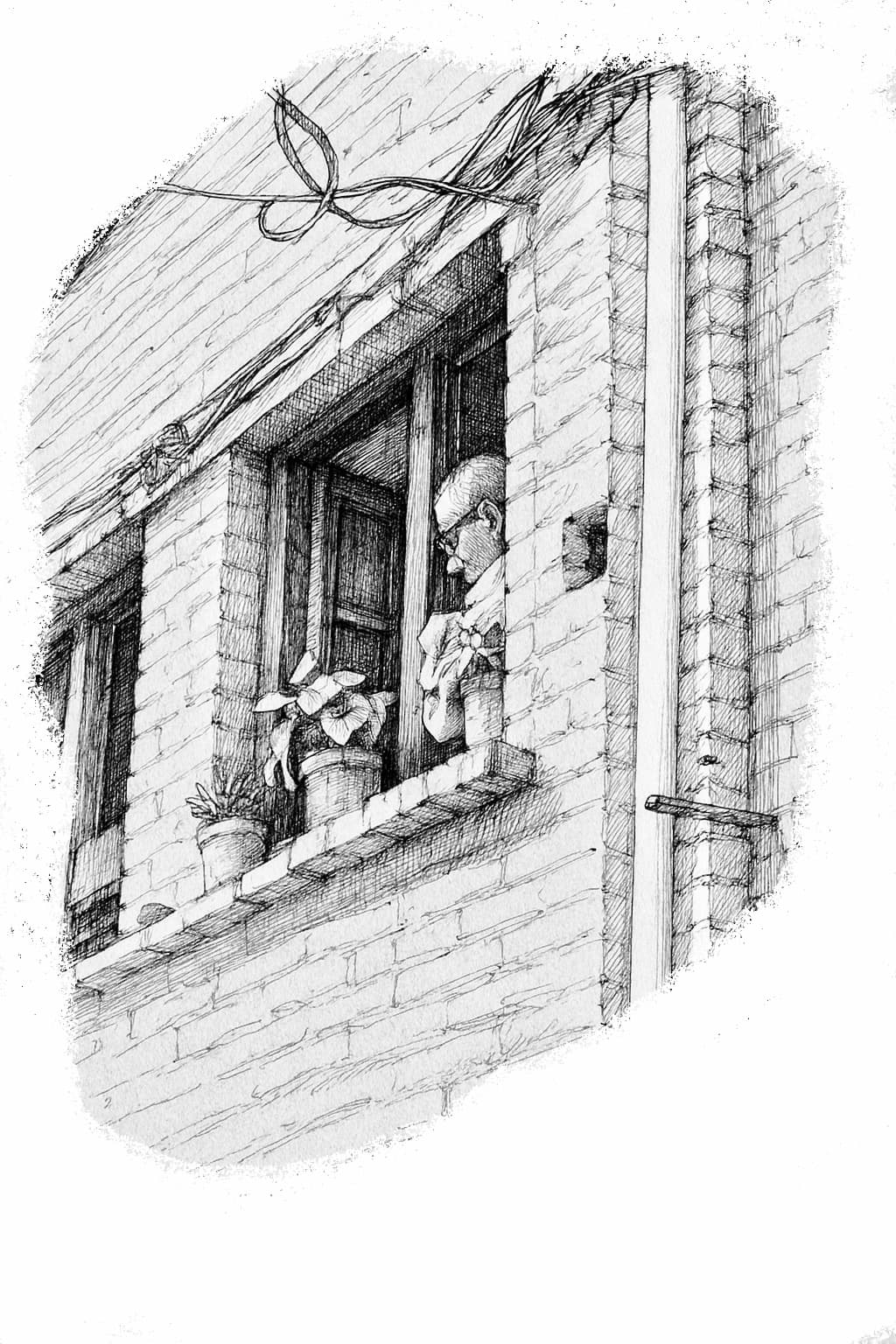 Traditional building with person by window - intimate architectural detail