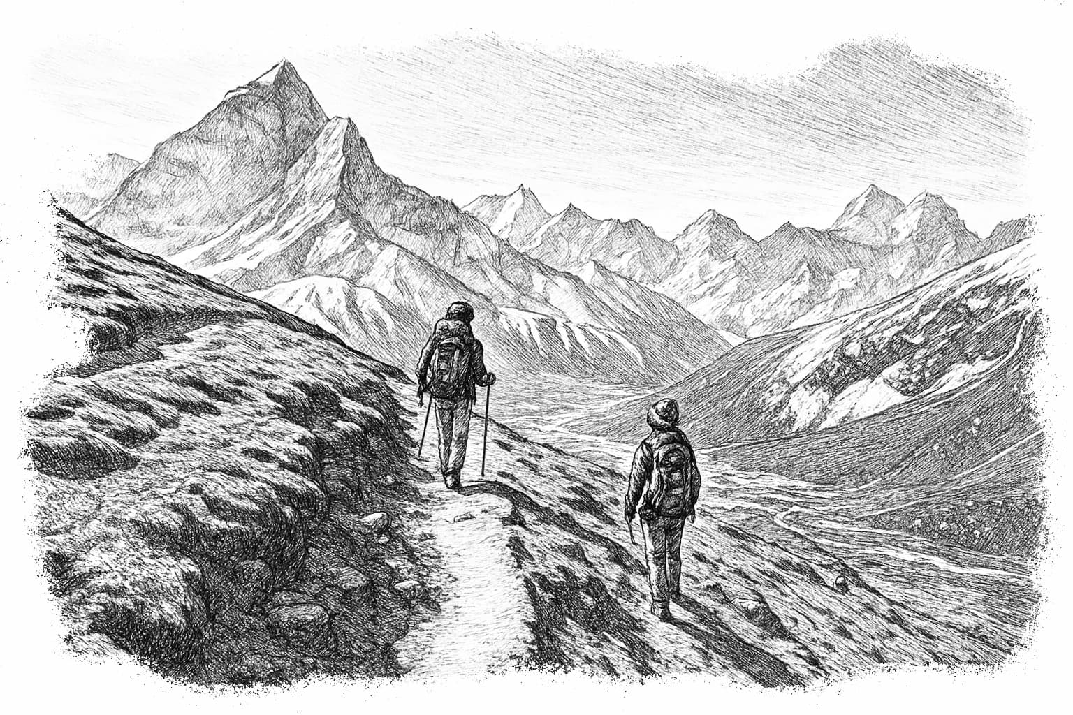 Mountain landscape with hikers - journey and exploration