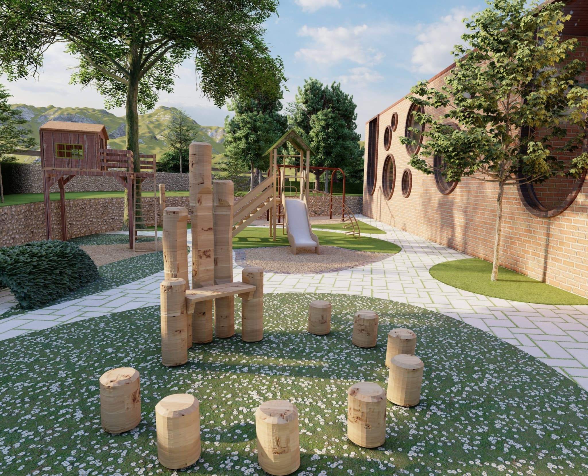 Outdoor playground with wooden climbing structures, slide, and tree stump seating