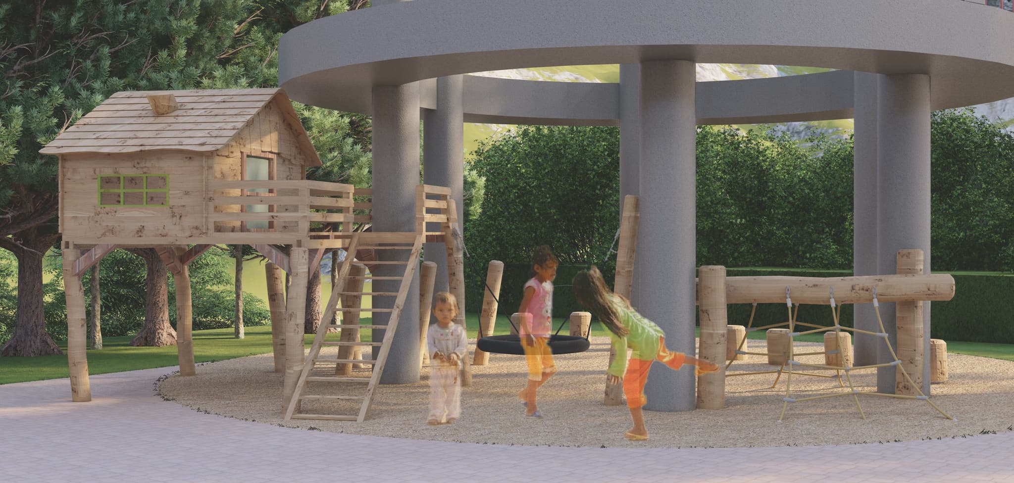 Outdoor play area with a wooden treehouse, swing, and children playing