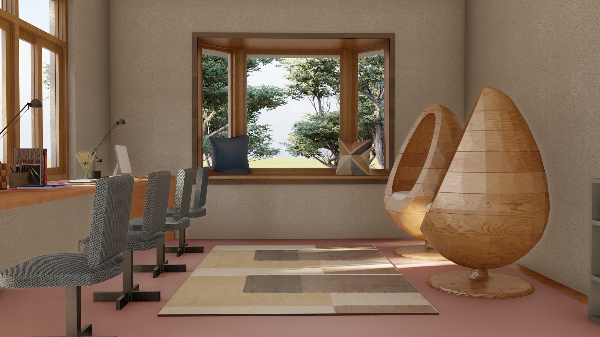Indoor study room with a long wooden desk, chairs, and unique pod-shaped chairs near a bay window