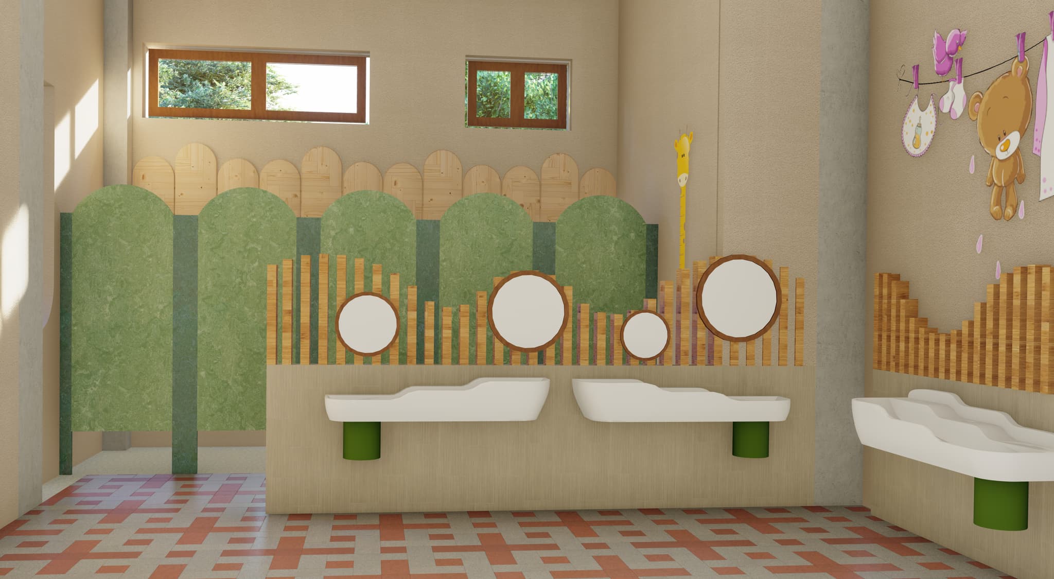 Children's bathroom area with low sinks, green and wood partitions, and wall decor
