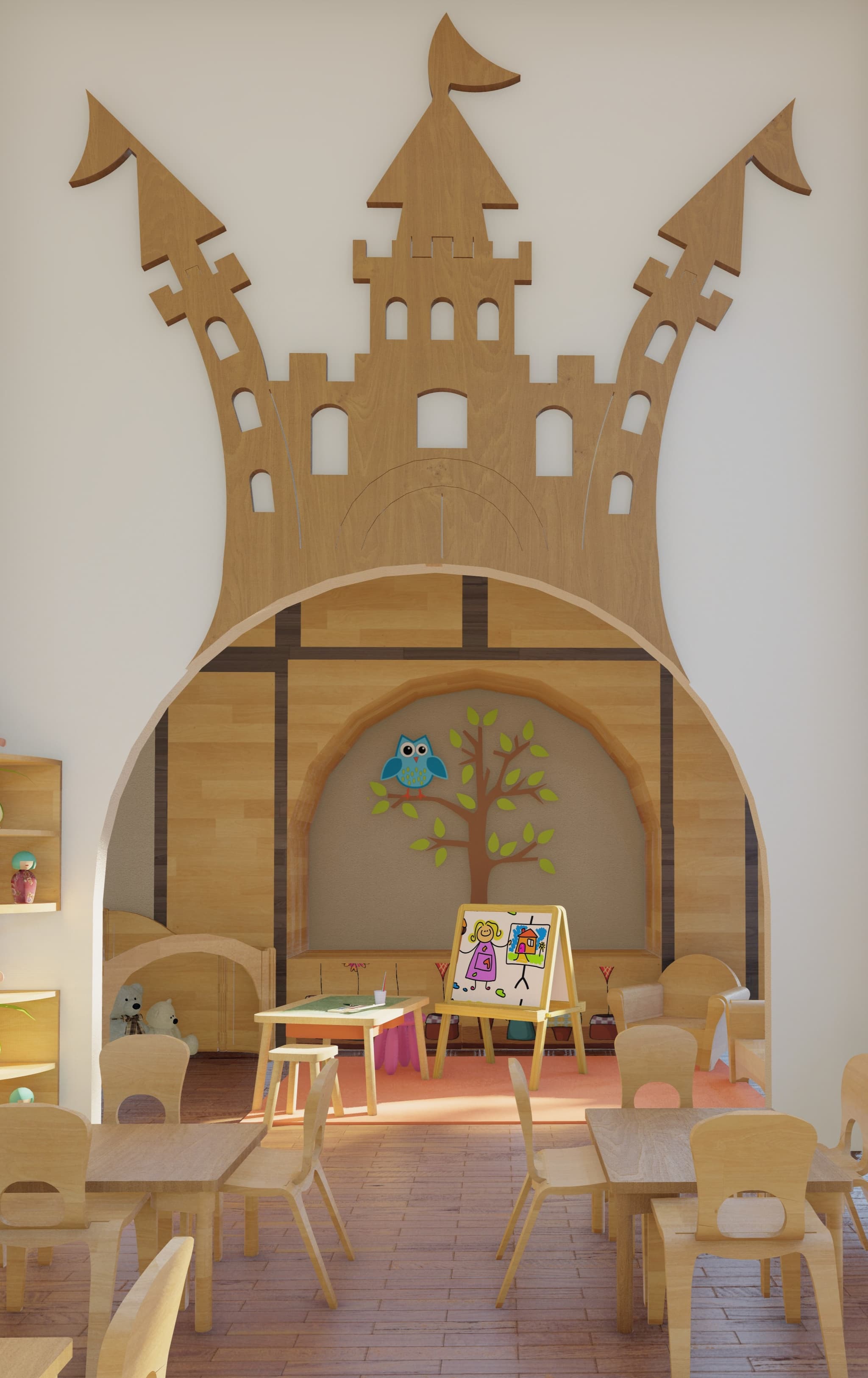 Children's classroom with castle-shaped archway and easel