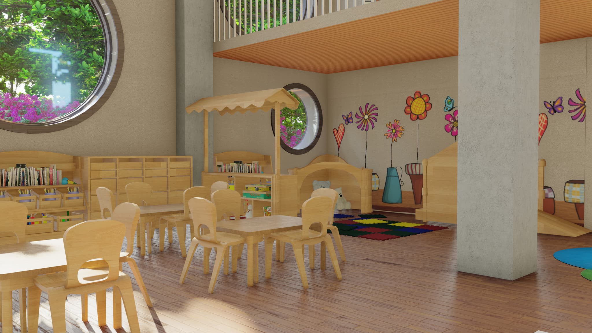 Indoor children's space with wooden tables, chairs, and colorful wall drawings