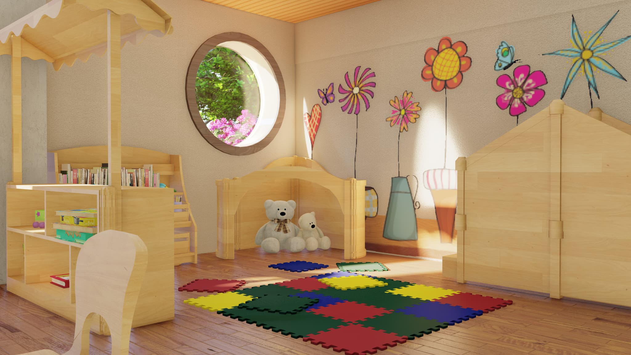 Indoor play area with circular window, teddy bears, and wall mural