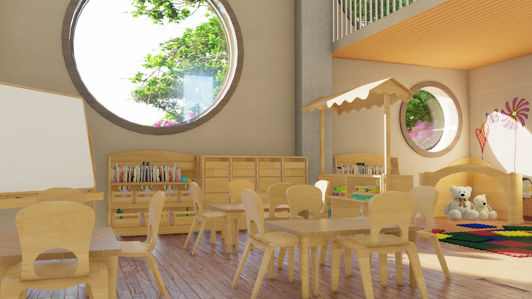 Spacious indoor play area with tables, chairs, market stall, and loft