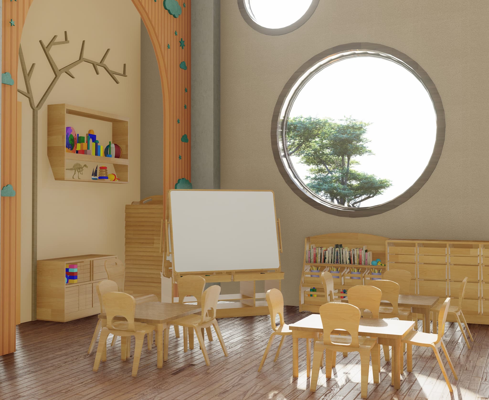 Indoor learning environment with wooden furniture, whiteboard, and circular window