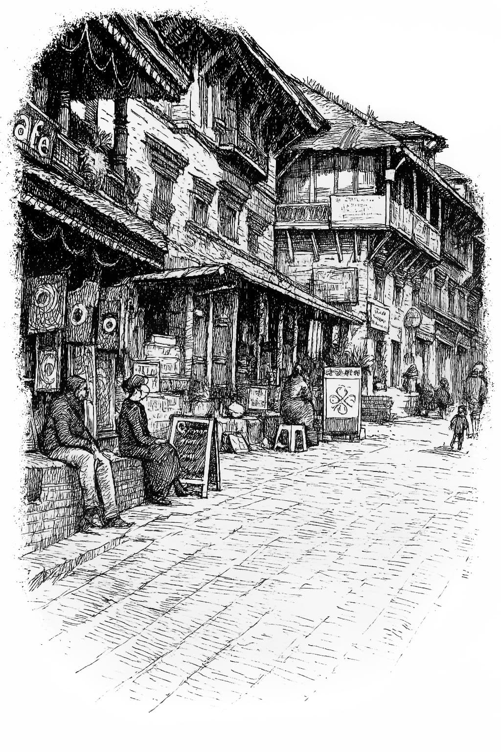 Traditional Nepali street scene with architecture and marketplace